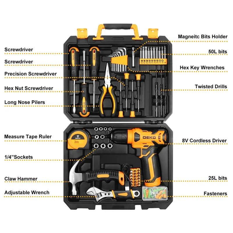 8V Cordless Drill Set-126-Piece Home Tool Kit With Storage Case, DIY Power Tools For Fence Work, Home Décor, Furniture Assembly & Everyday Repairs