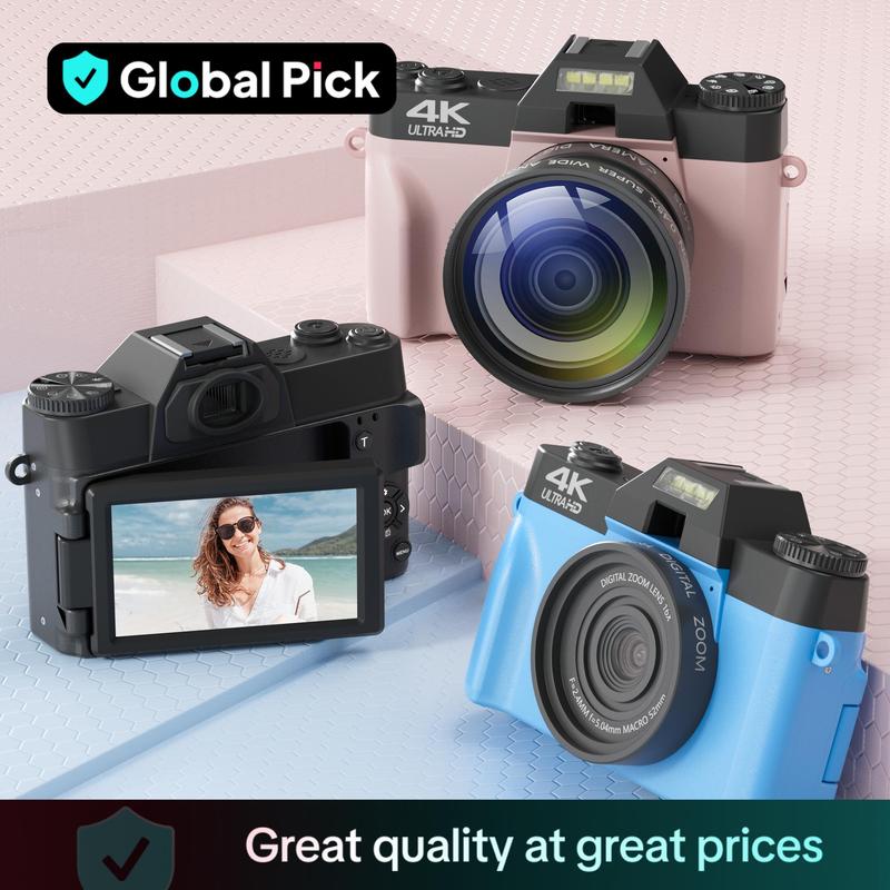 GLOBAL PICK 4K Digital Camera with 180° Flip Screen, 16X Digital Zoom Vlogging Camera, Autofocus Camera, Including Wide Angle & Macro Lens, 32GB TF Card, Ideal Gift Choice, Photographic Kit